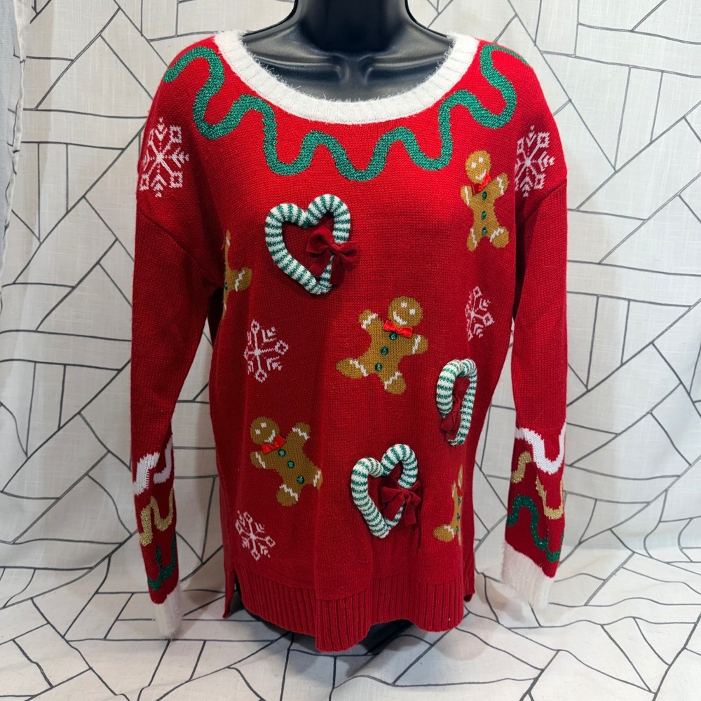 Celebrate Together Ugly Christmas Sweater M Red Gingerbread Candy Cane Glitter